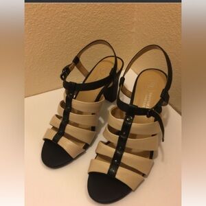 Mootsies Tootsies Strappy Tan/black Heels Womens‎ 9M Leather Open Toe Modaminik